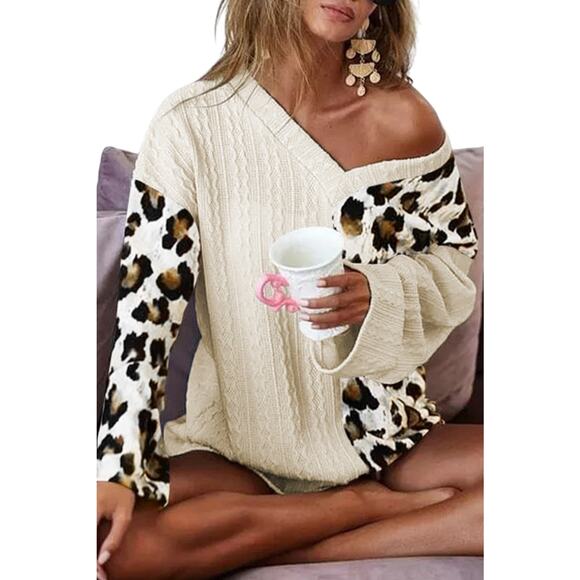 Beige Asymmetric Leopard Patchwork Wide Sleeve V Neck Sweater New  S, M - Picture 5 of 12